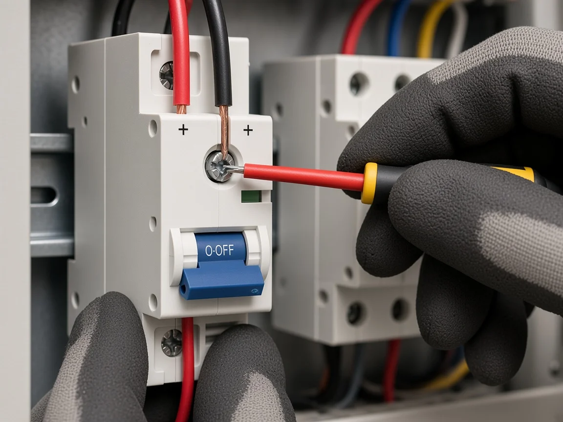 Checking polarity marks on a DIN DC breaker