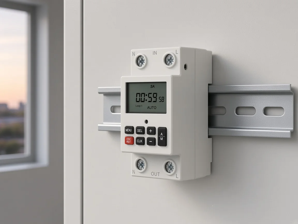 Latitude-longitude modular timer switch on a DIN rail