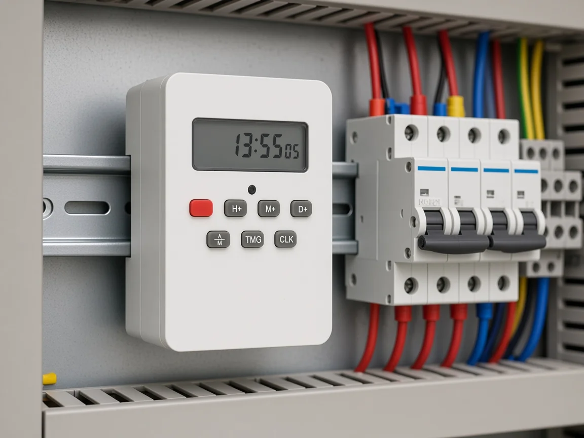 DIN-rail modular timer switch inside an electrical panel