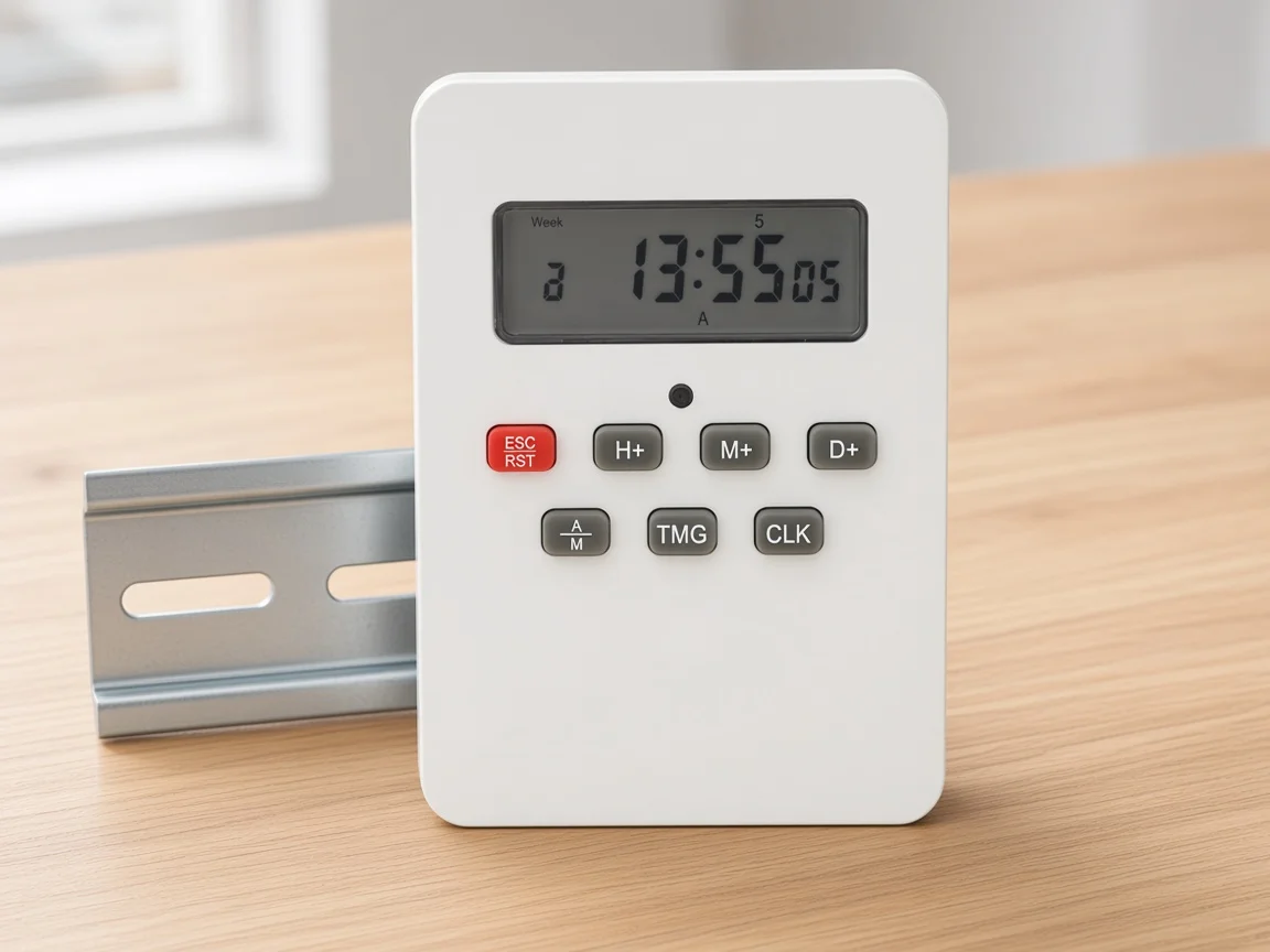 Weekly digital DIN-rail programmable timer switch on a workbench