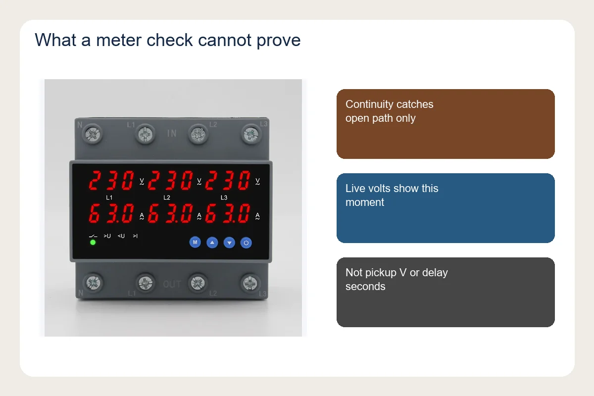 DIN-rail OUV protector beside cards stating meter continuity limits
