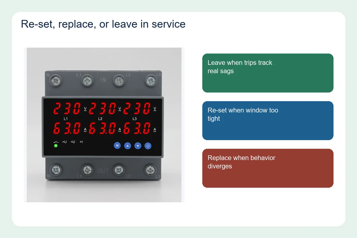 DIN-rail OUV protector with leave, re-set, and replace decision cards