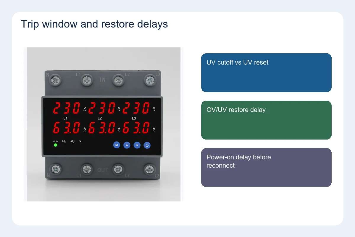 DIN-rail OUV protector with trip-window and restore-delay cards