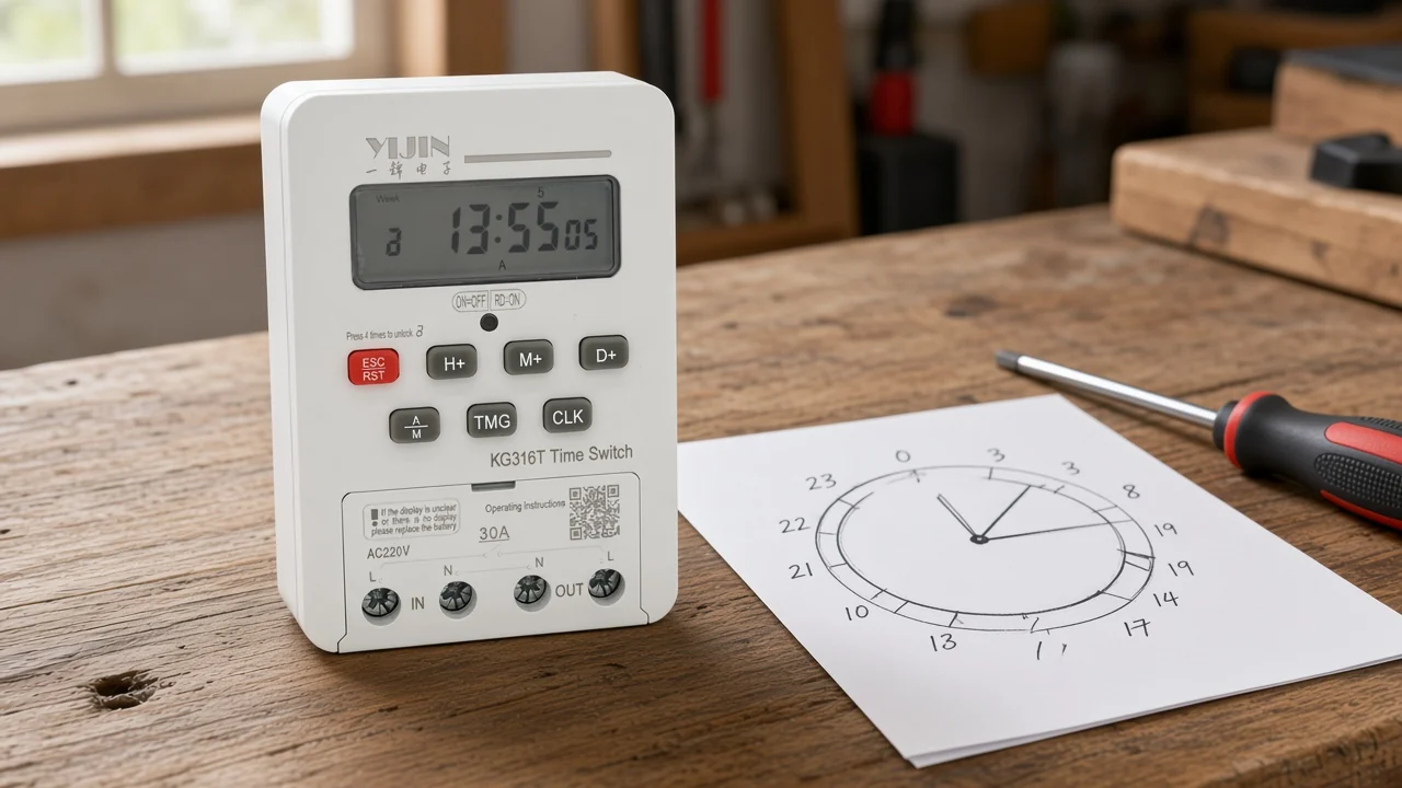 Digital time-control module on a workbench beside a handwritten 24-hour daily run sheet