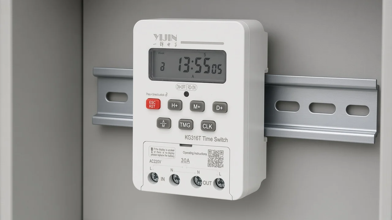 Close view of a digital time-control switch LCD and keypad on a DIN rail