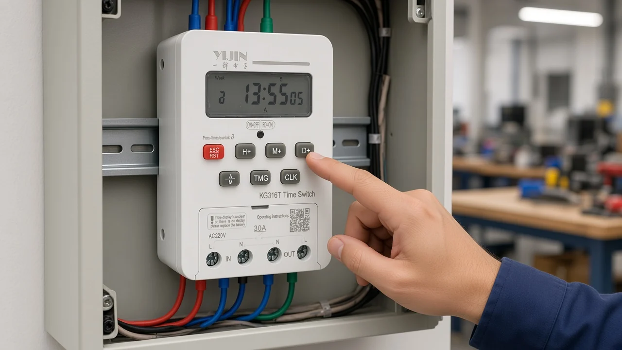 Technician reaching toward a DIN-rail time-control keypad to set the clock after power returns