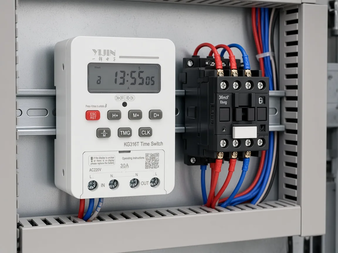 KG316T time switch on DIN rail beside contactor wiring in a control enclosure