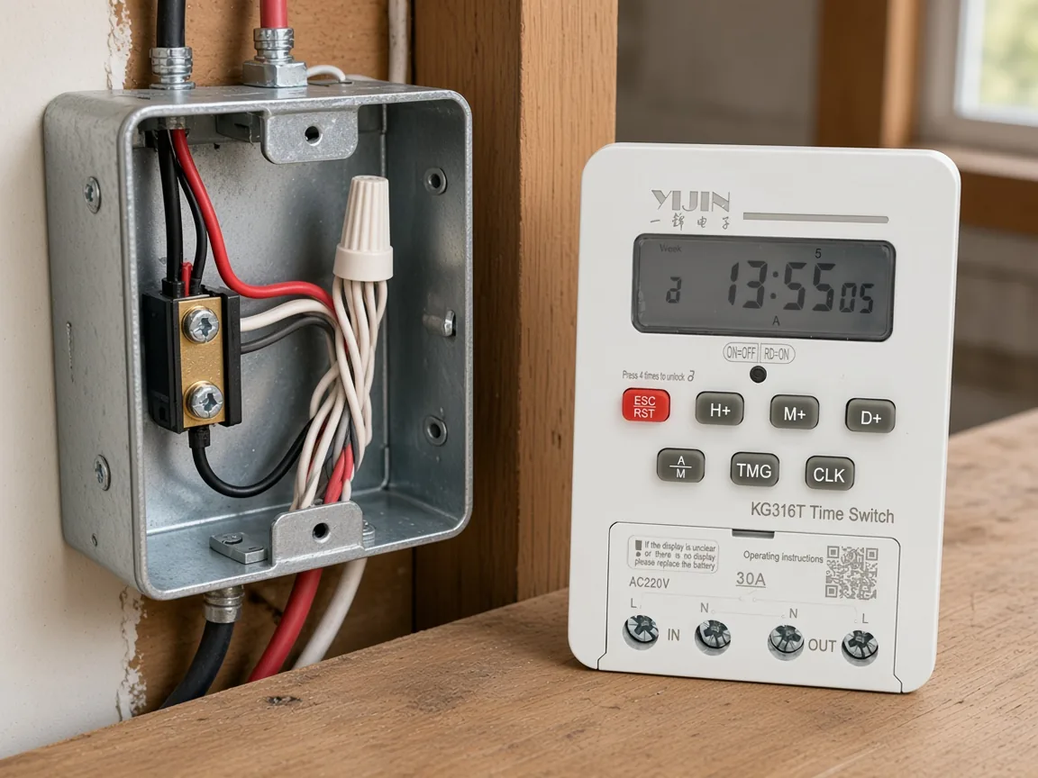 Open wall switch box with travelers visible beside a panel-class KG316T time switch on the bench