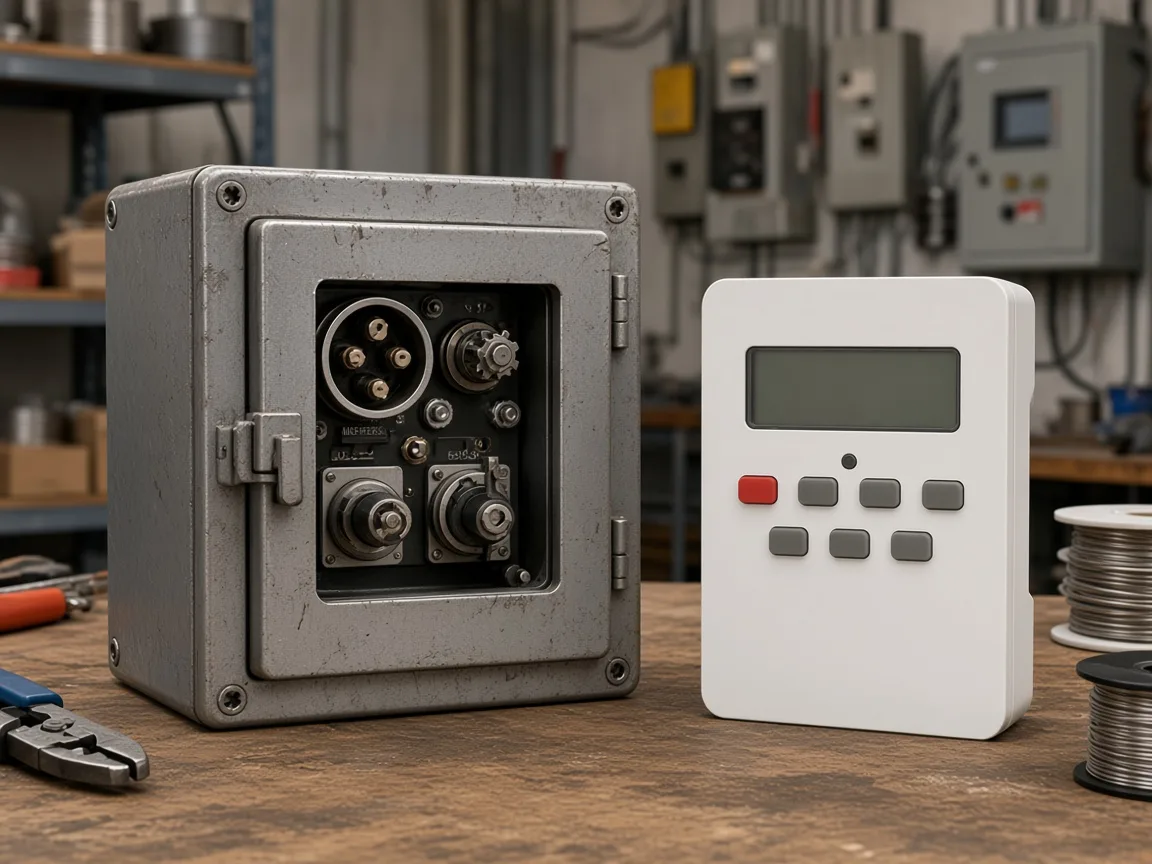 NEMA metal box timer contrasted with a slim DIN-rail digital timer