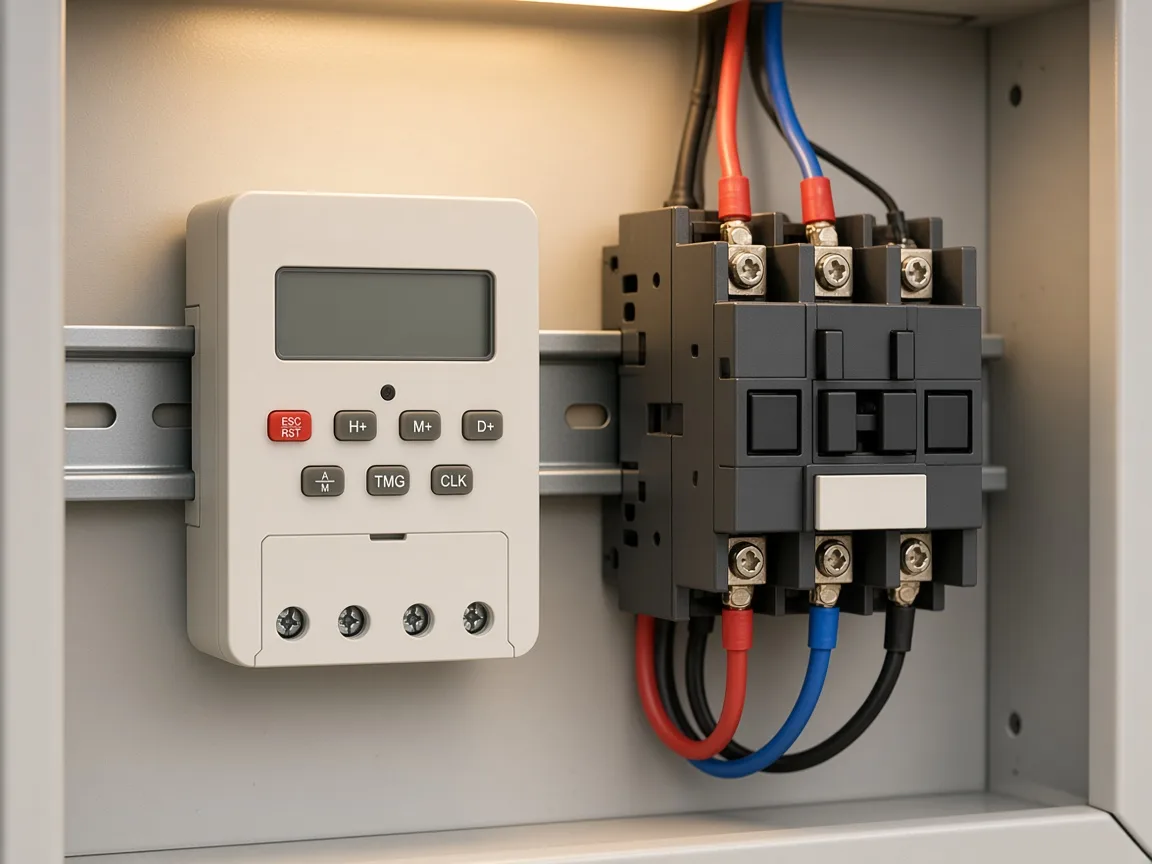 DIN-rail timer beside a three-pole contactor for a coil-control path