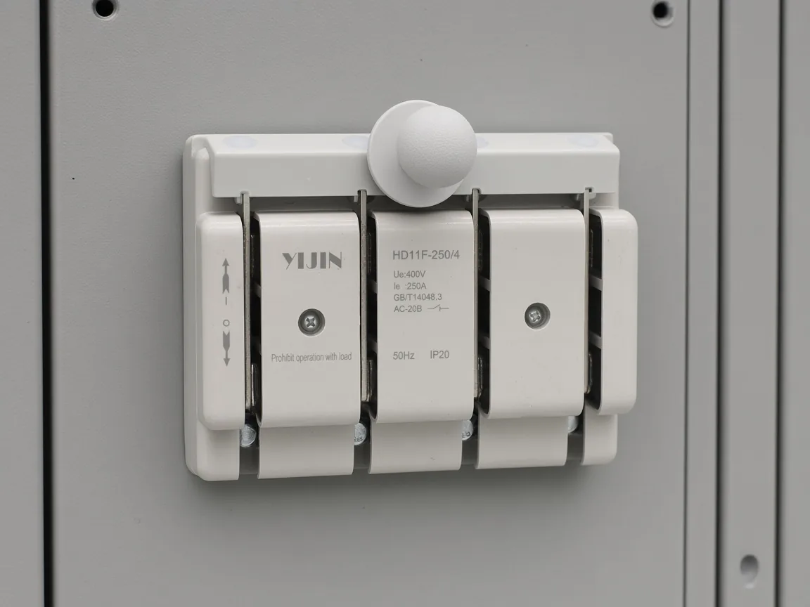 Open isolator mounted on a board with the handle in OFF