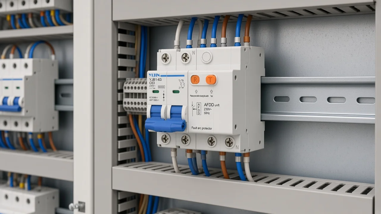 DIN standard rail with AFDD-style arc fault modules clipped in a distribution enclosure