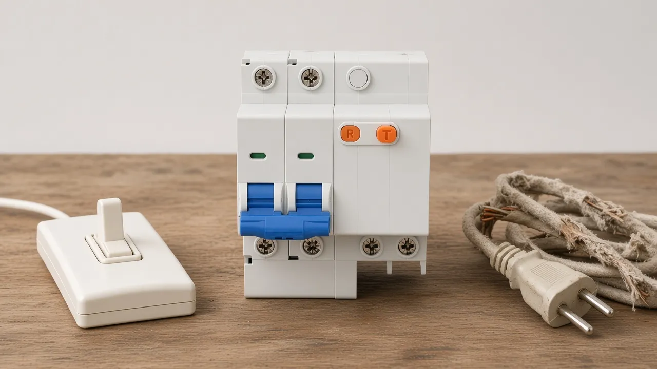 Wall switch and a frayed lamp cord on a bench