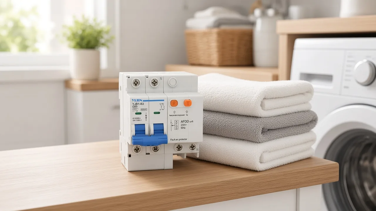 Standard-rail breaker on a shelf in a residential laundry room