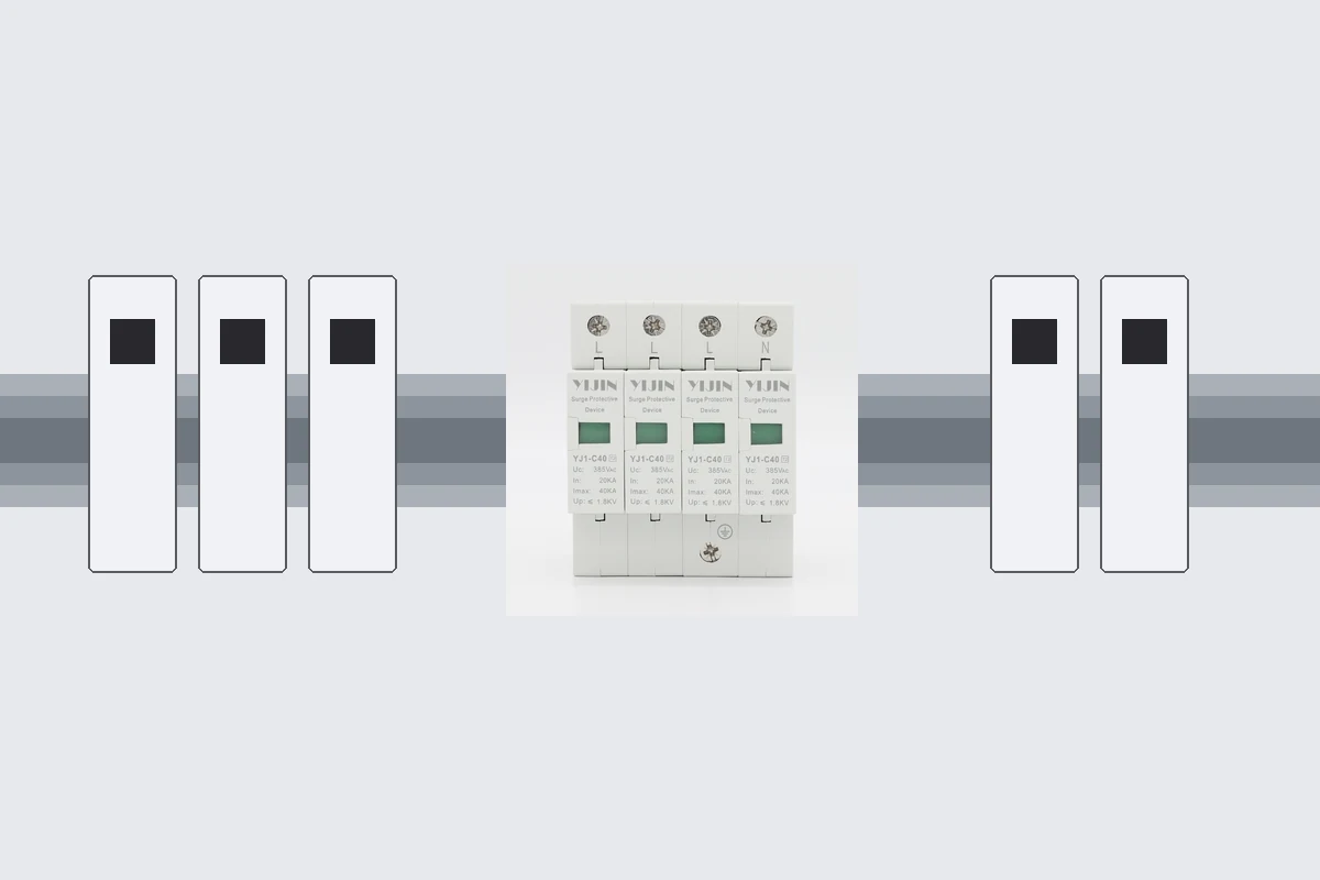 Rail-mounted Class II surge module beside miniature breakers
