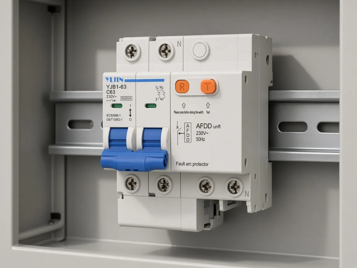 YJB1-63 AFD breaker clipped on a DIN rail for an AFDD wiring path