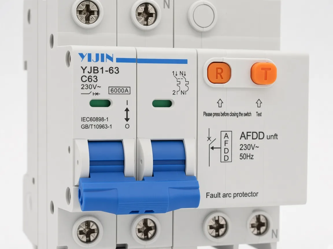 Close view of printed marks on a YJB1-63 AFD DIN-rail arc-fault breaker