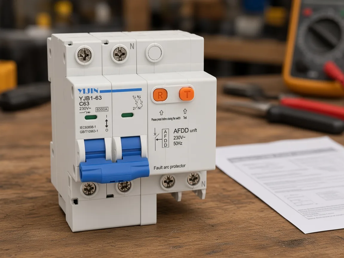 AFDD breaker beside paperwork during a wiring-diagram terminal pre-check