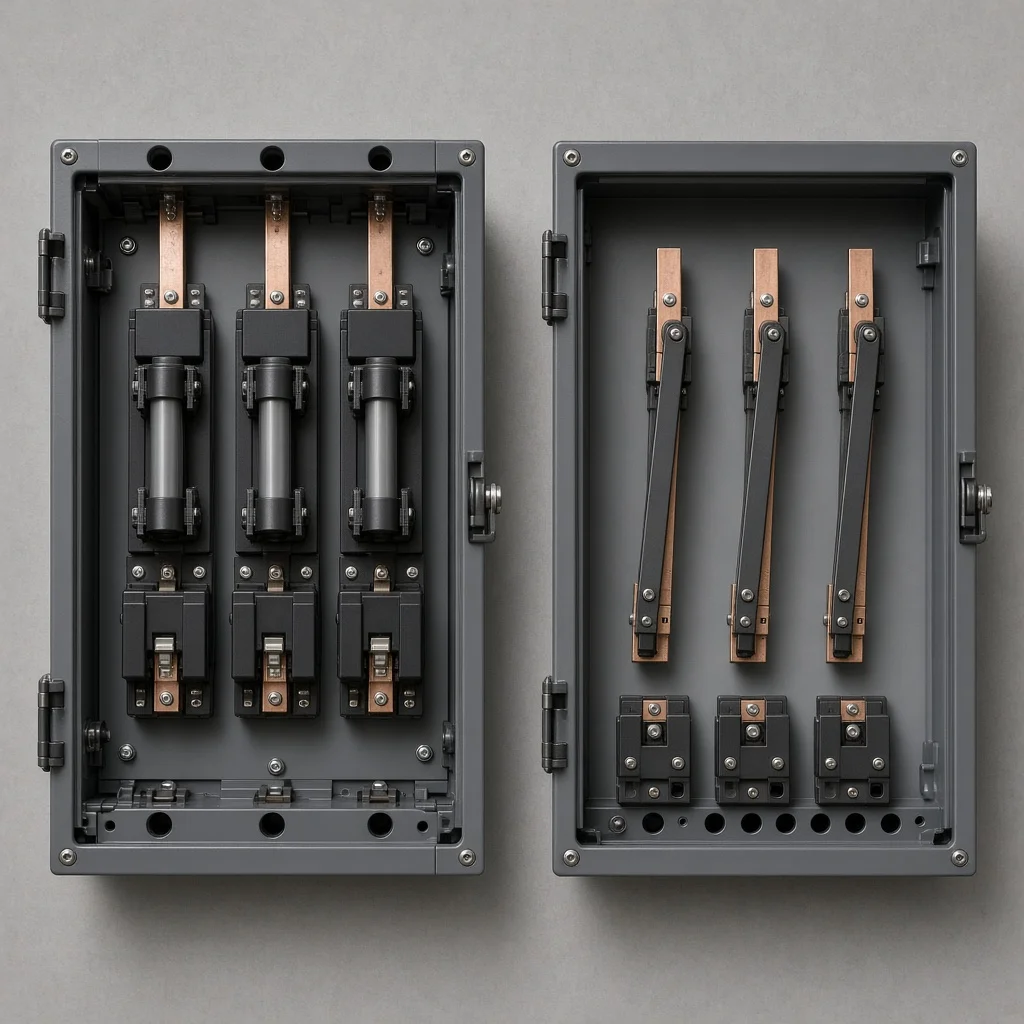 Contrast of fused three-phase disconnect with integral fuses versus isolation-only knife isolator