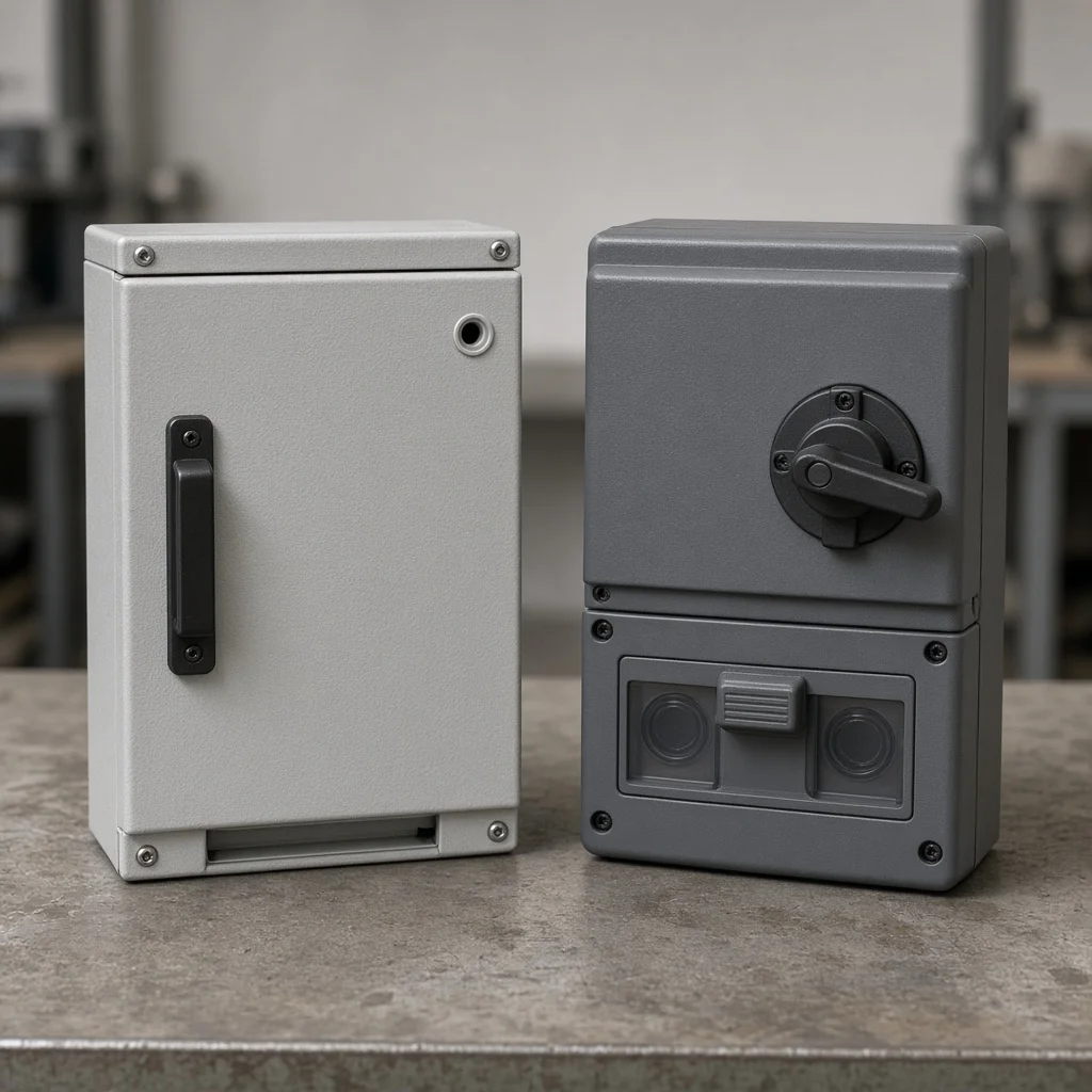 US fusible safety switch enclosure beside switch-fuse style fused isolator naming contrast