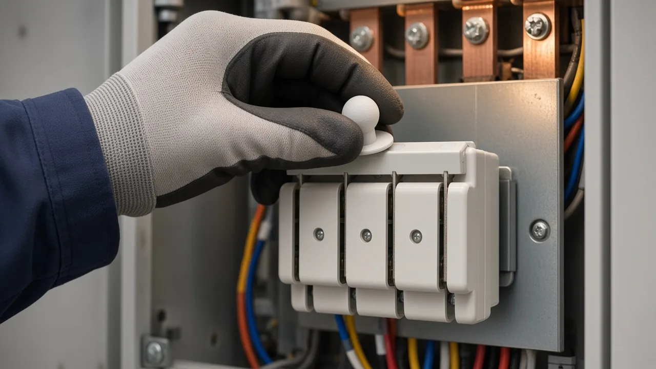 Hand operating a knife isolator for infrequent manual isolation