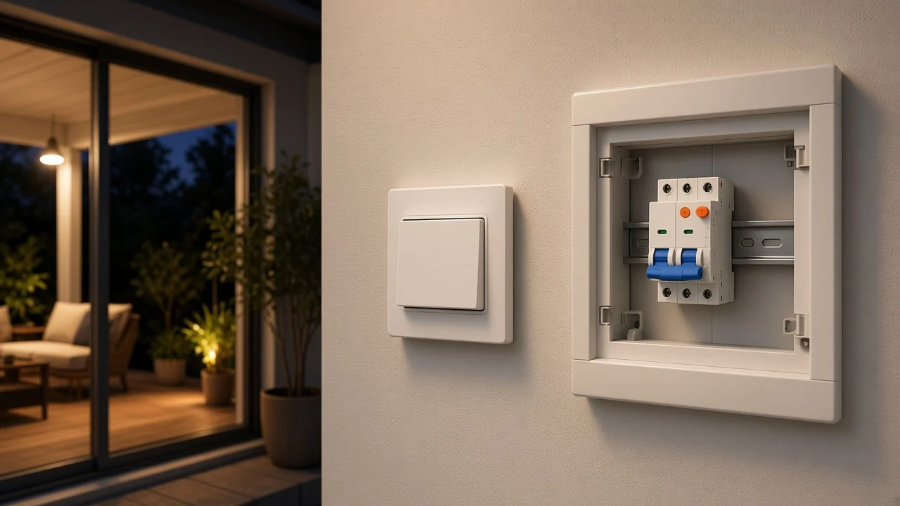 Living-room wall switch controlling mixed interior and exterior lighting