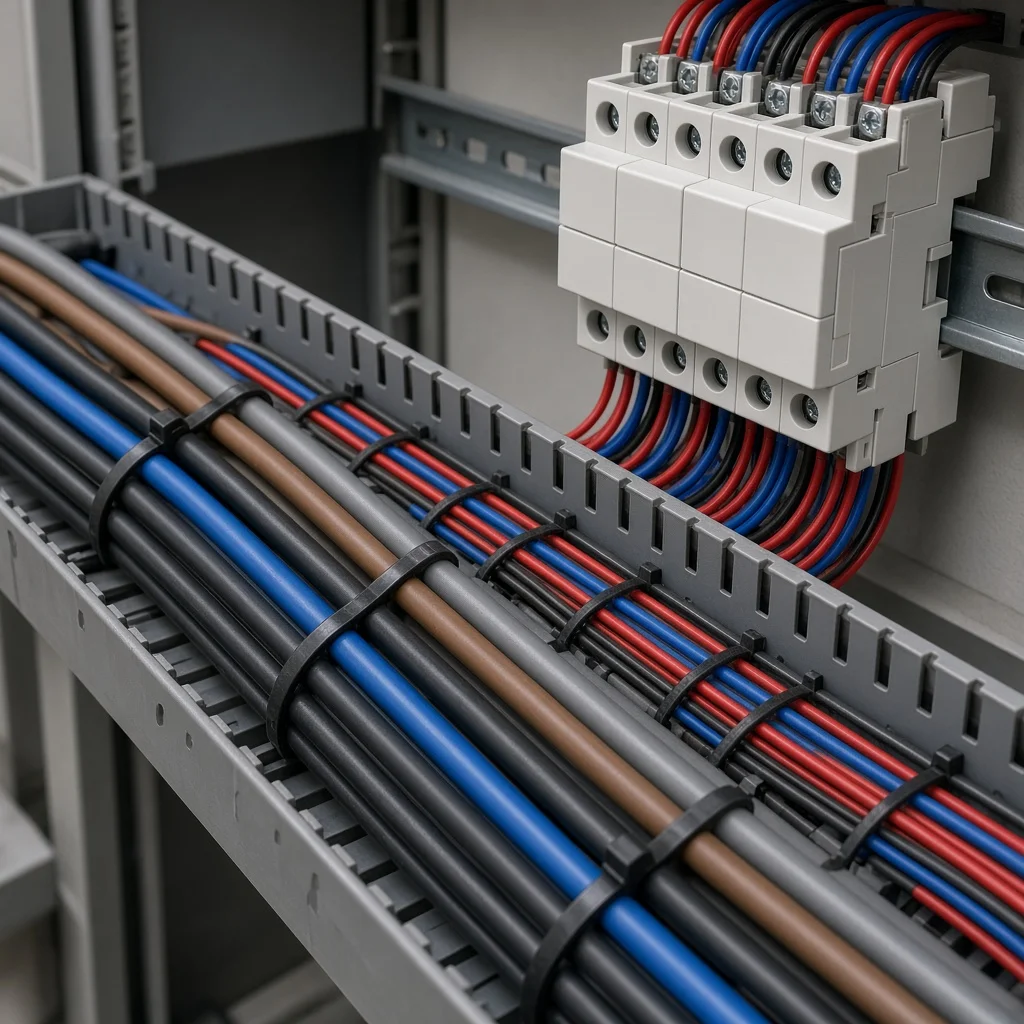 Modular AC contactor with control wiring near power conductors illustrating induced-voltage risk