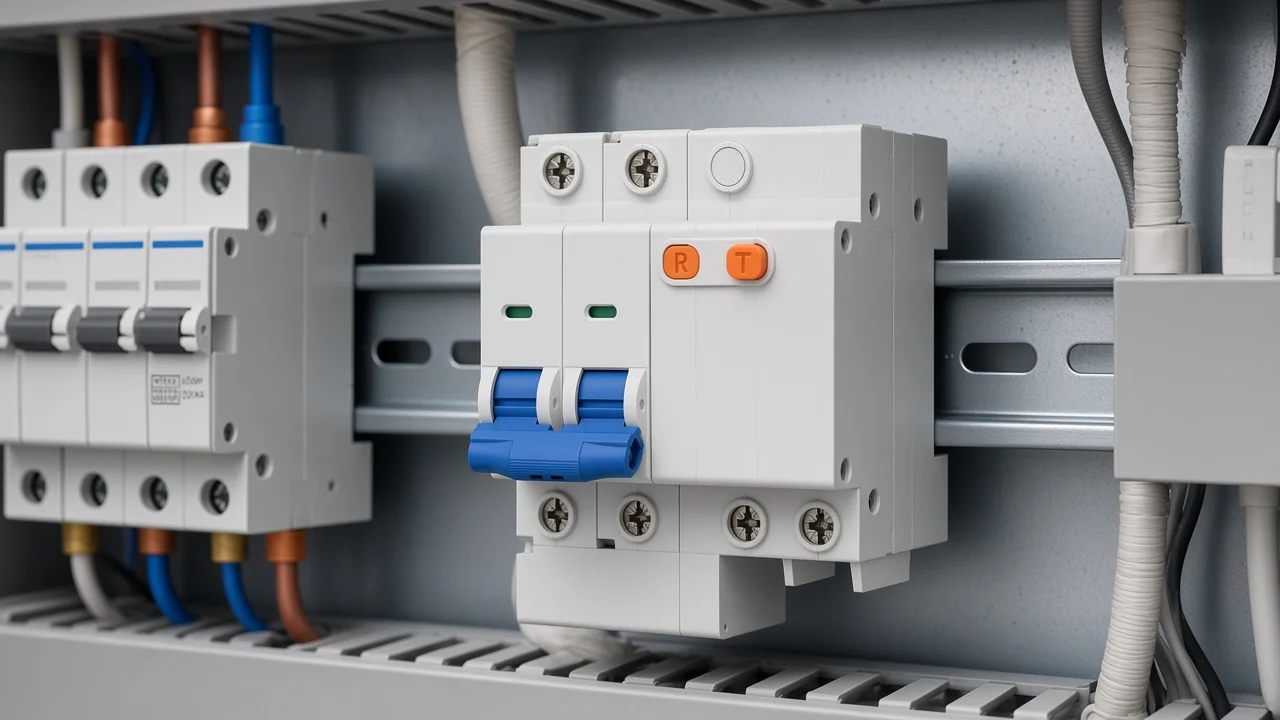 DIN-rail board close-up of a modular arc-fault breaker for AFDD face comparison