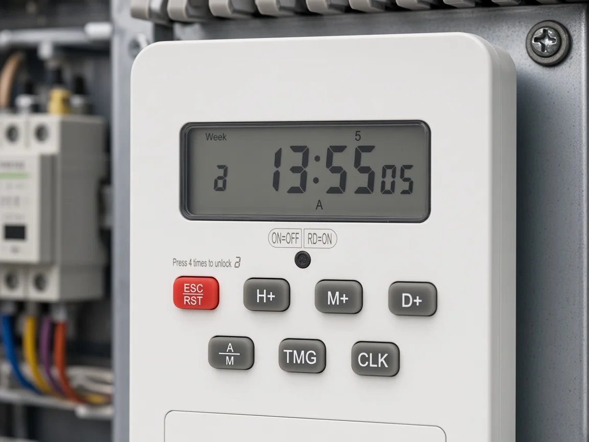Close view of a DIN-rail digital timer LCD and programming keys
