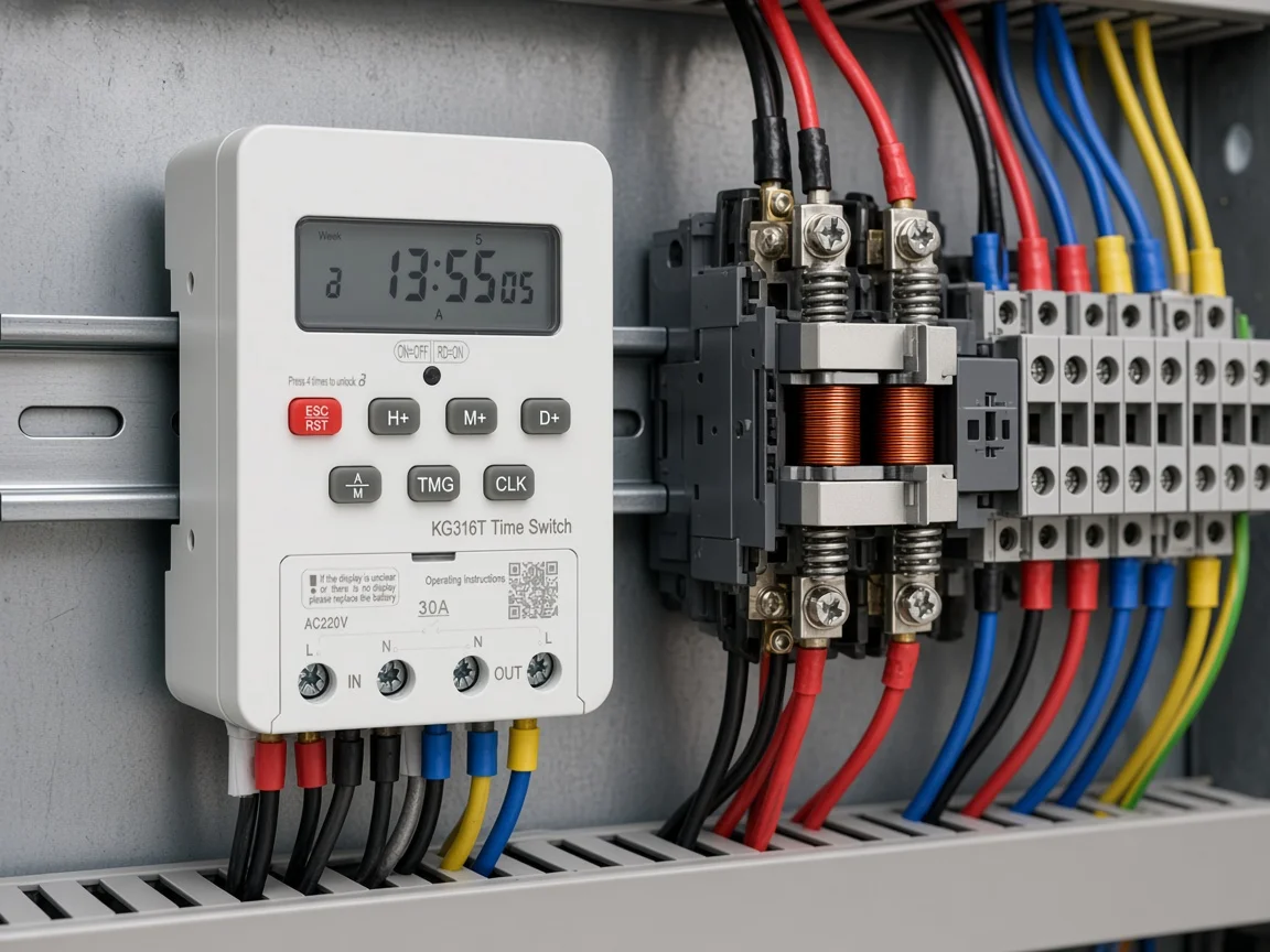 DIN-rail digital time switch wired beside contactors in a panel