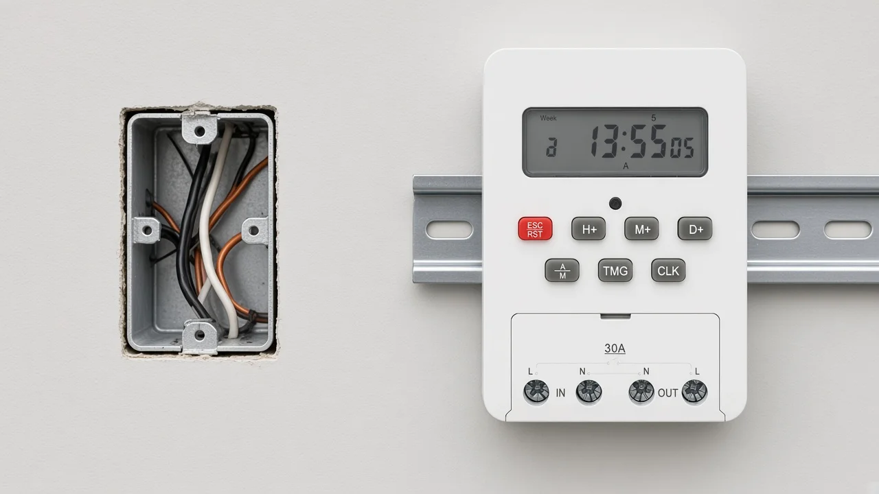 Wall switch box opening contrasted with a DIN-rail digital time switch