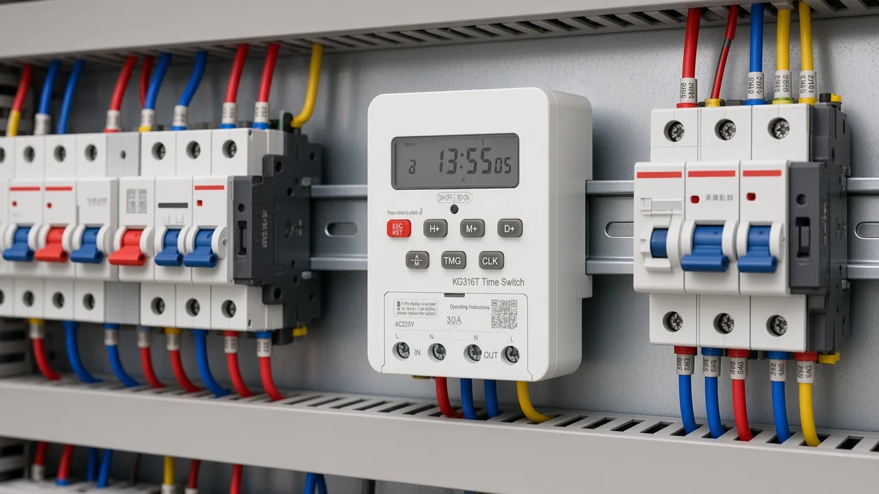 Digital programmable timer topic cover with DIN-rail LCD module in a control panel