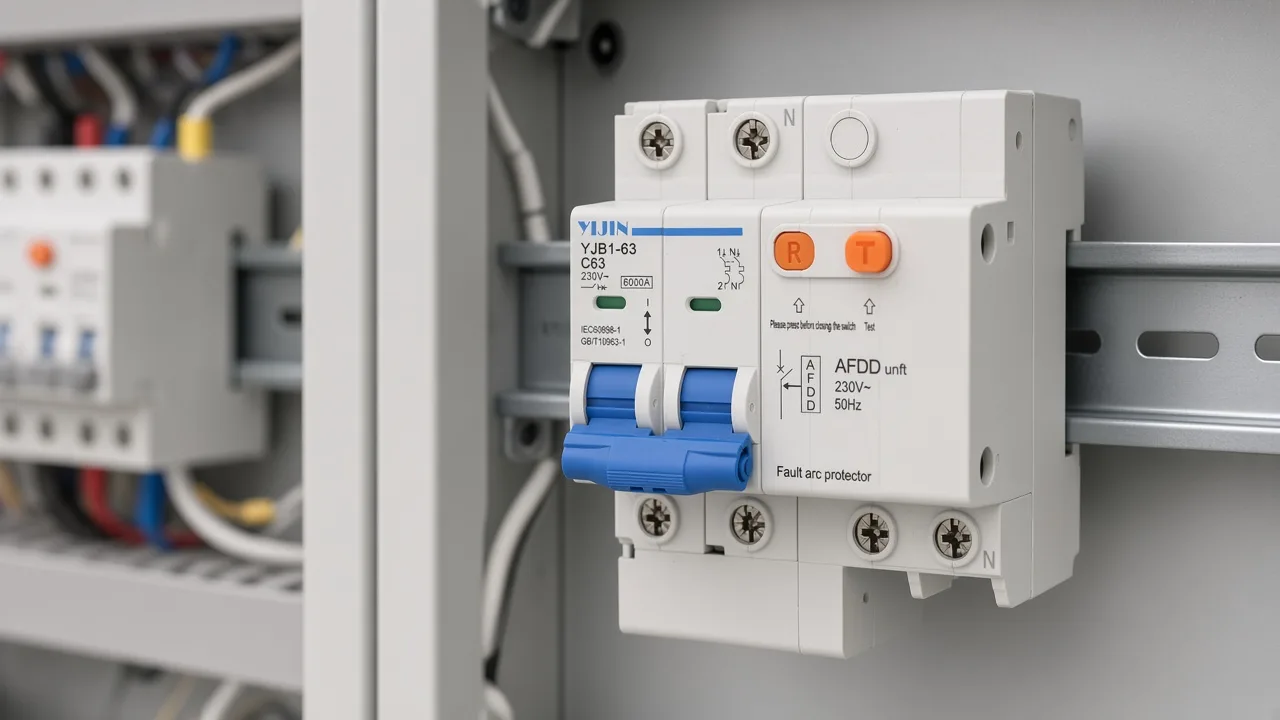 DIN-rail AFDD breaker staged for an AFCI wiring-diagram terminal pre-check
