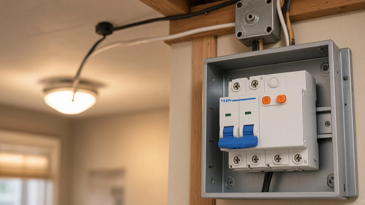 Hardwired lighting circuit with DIN-rail arc-fault breaker in a dwelling distribution board