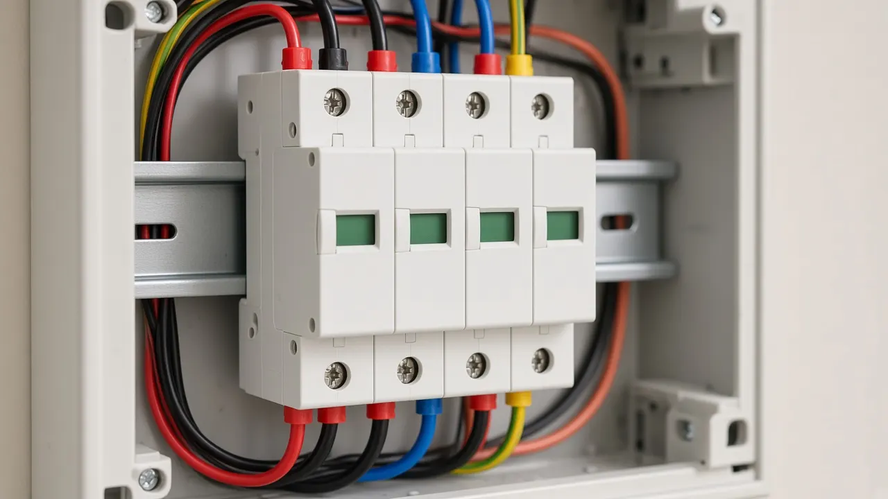 Class II rail surge module on a DIN rail with a green status window