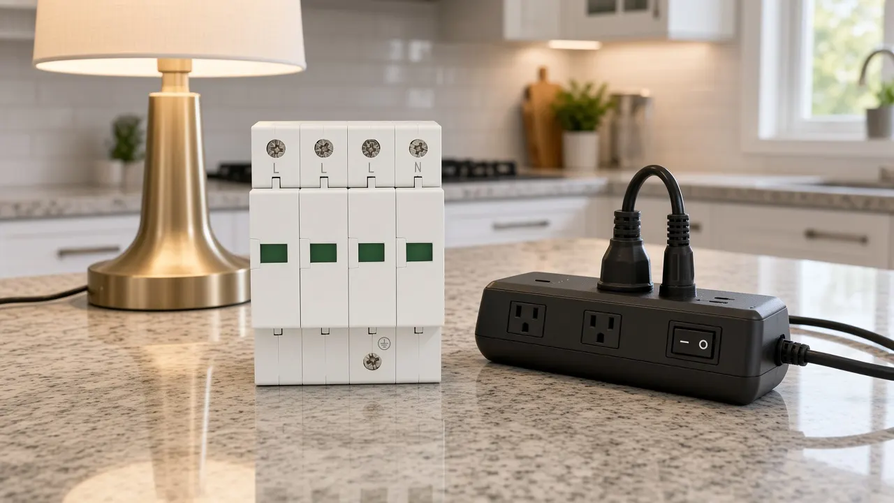 A plug-in strip on a counter next to a rail surge module