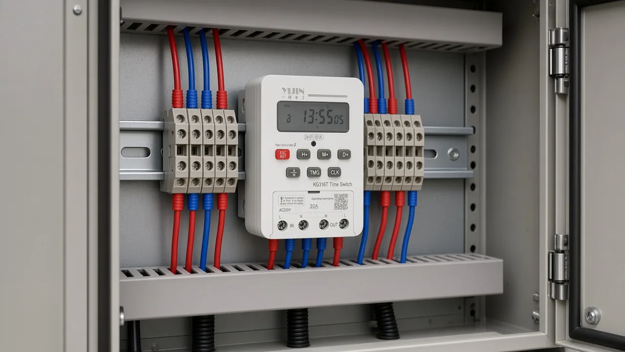 KG316T mounted on a DIN rail in an open cabinet
