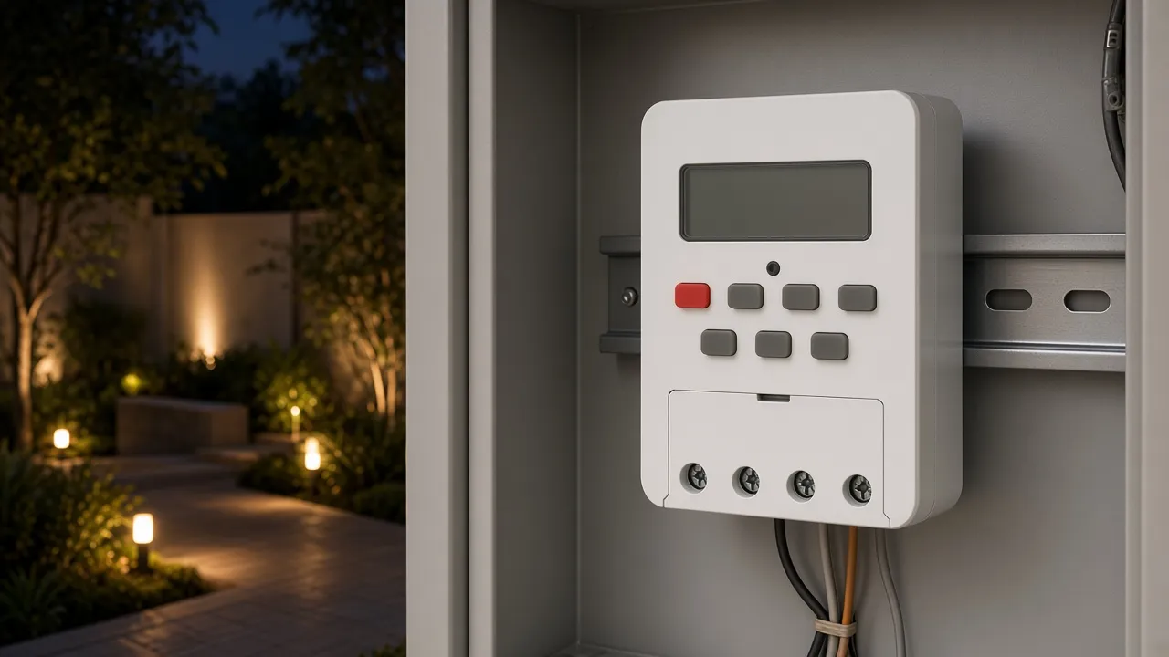 Rail timer with outdoor lights beyond the cabinet