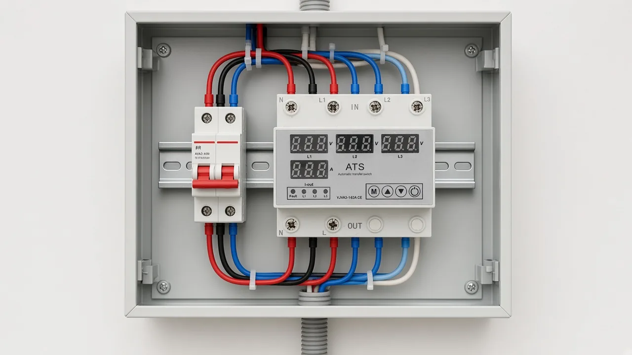 White DIN-rail device in an enclosure beside an upstream breaker