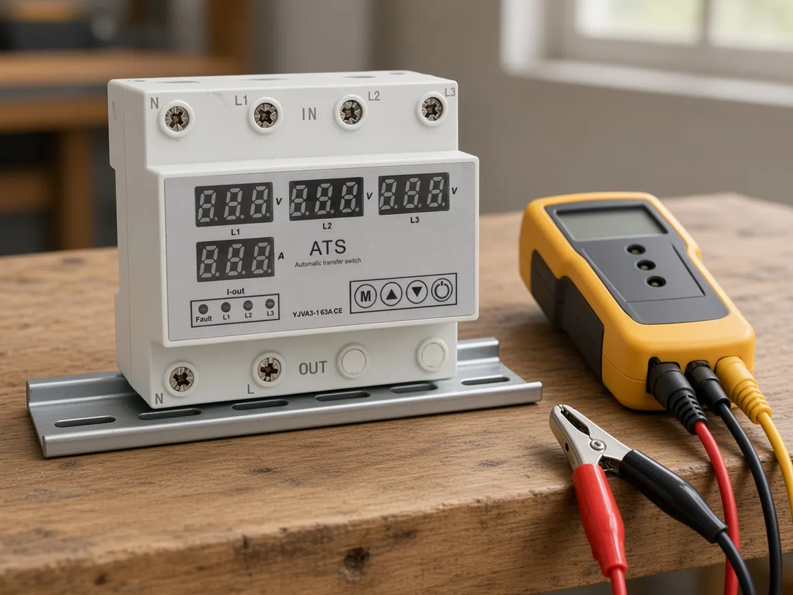 White DIN-rail device on a bench rail beside a handheld field tester