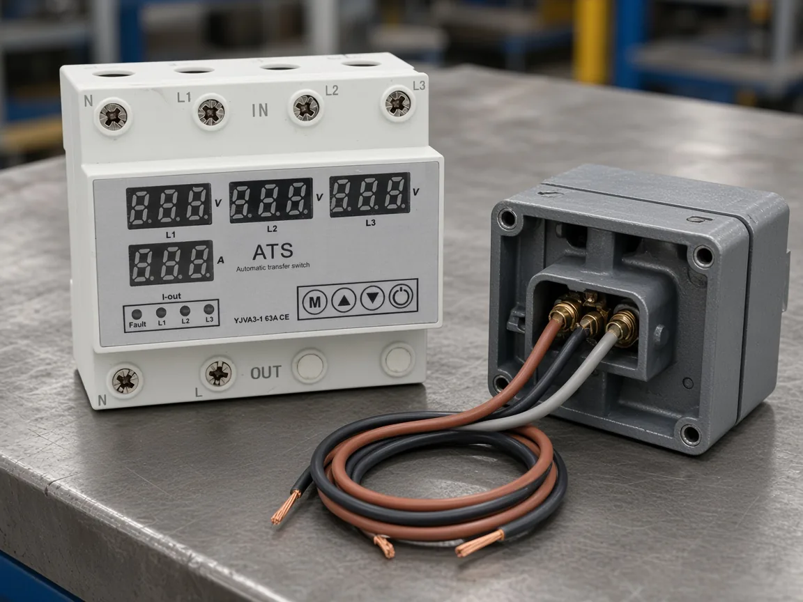 White DIN-rail device beside a motor terminal box and three loose leads