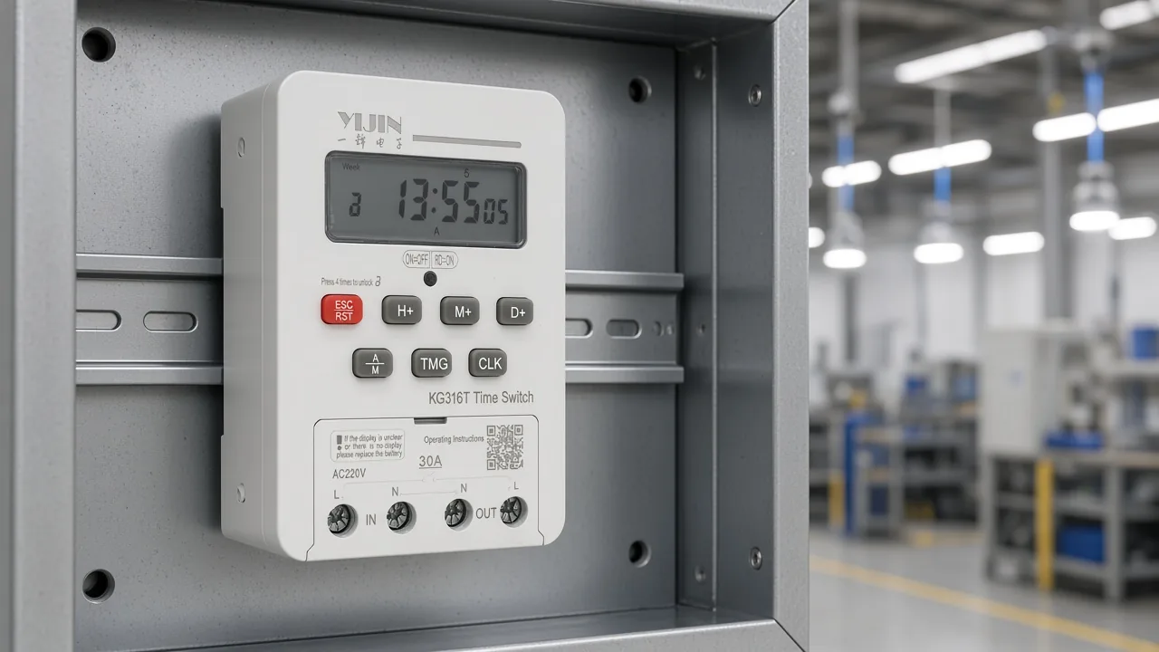 KG316T time switch on a DIN rail inside a cabinet, with LED high-bay lamps lit beyond the door