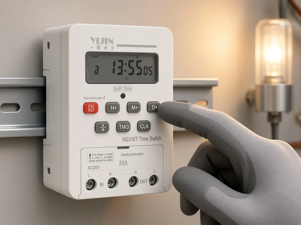 Hand near the KG316T keypad while LED lamps glow in the background