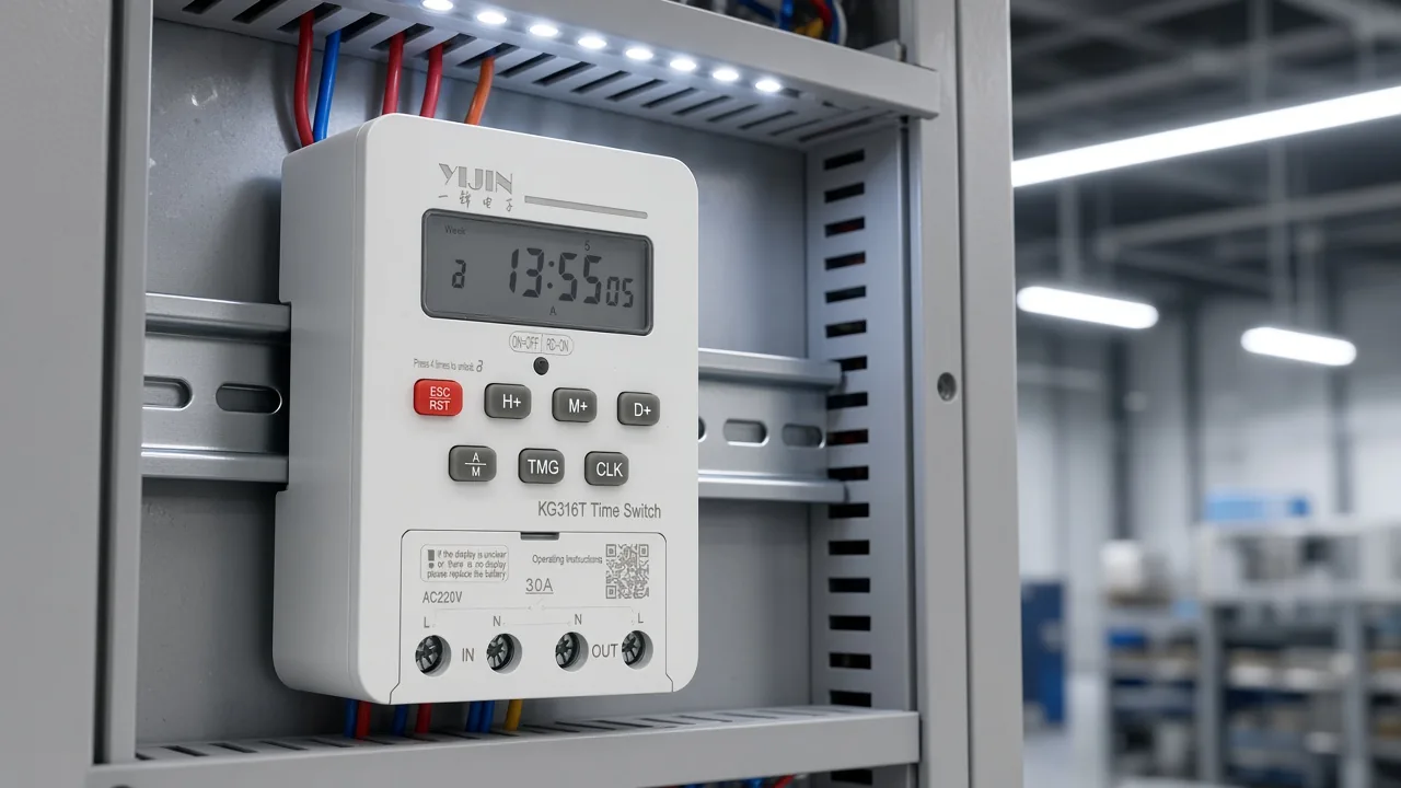 KG316T on a DIN rail beside a shop ceiling of lit LED lamps