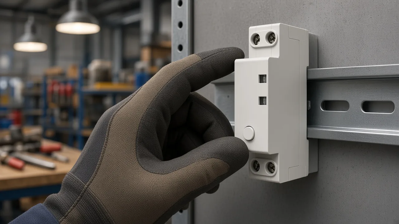 APP time-control switch on a DIN rail during lighting schedule setup