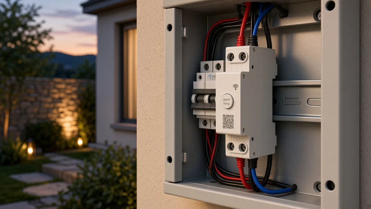 DIN-rail Wi-Fi time-control switch in a dry enclosure for outdoor building lighting