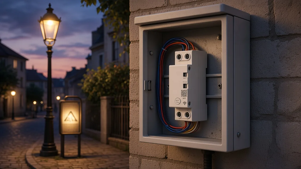 Street and advertising-sign lighting fed from a cabinet with a DIN-rail Wi-Fi time-control switch