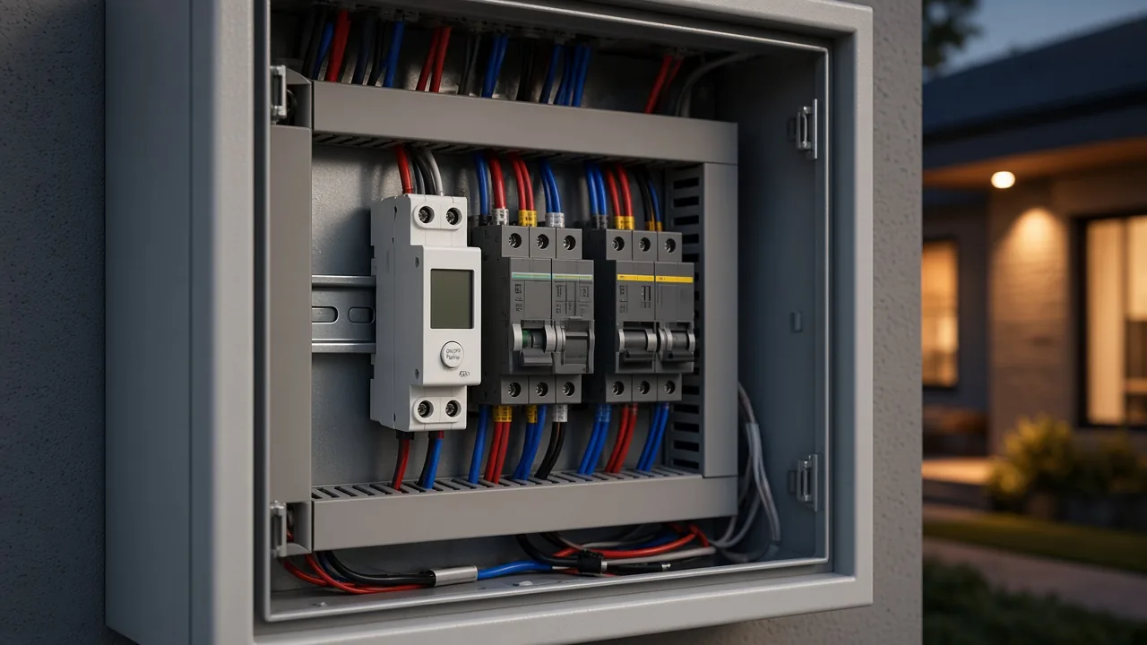 Wi-Fi outdoor lighting timer on a DIN rail inside a lighting control cabinet
