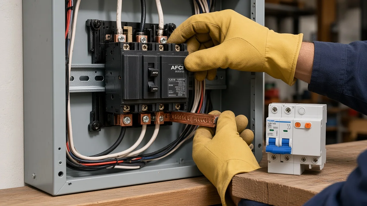 US AFCI trip troubleshooting contrasted with DIN-rail AFDD module on standard rail