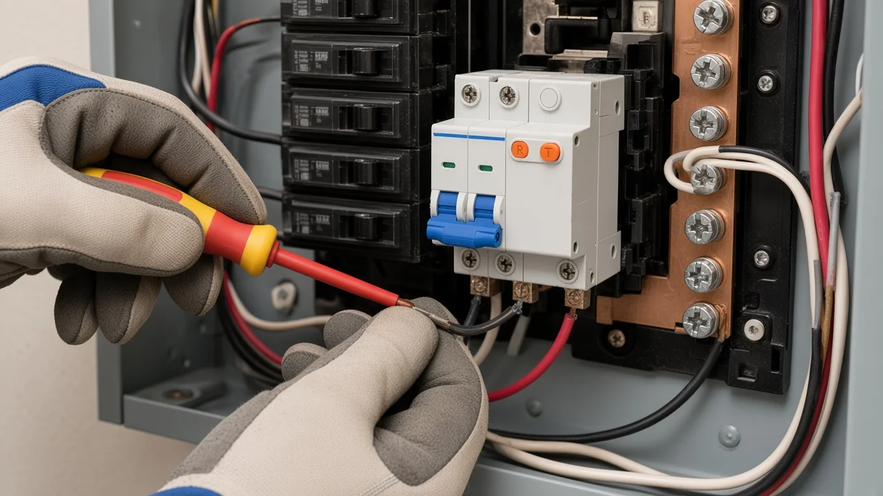Open US load center with AFCI breaker and branch conductors — trip troubleshooting context